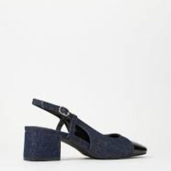 Spectator Pump Blue Denim and Black Patent Slingback block heel Size 7 - Picture 16 of 16